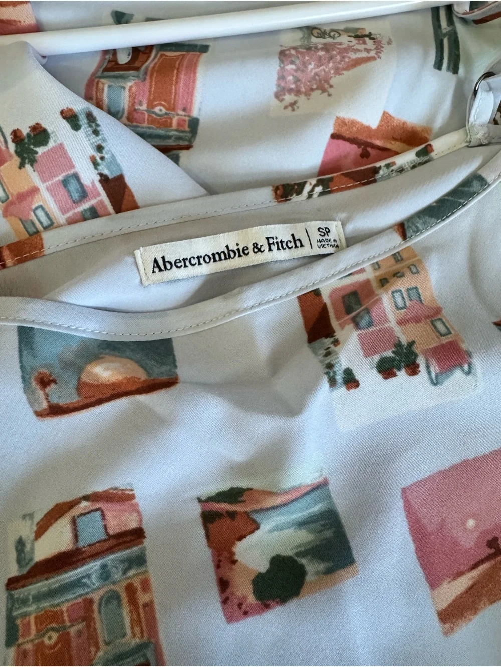 Abercrombie & Fitch White Slip Dress with Coral and Teal Scenic Print